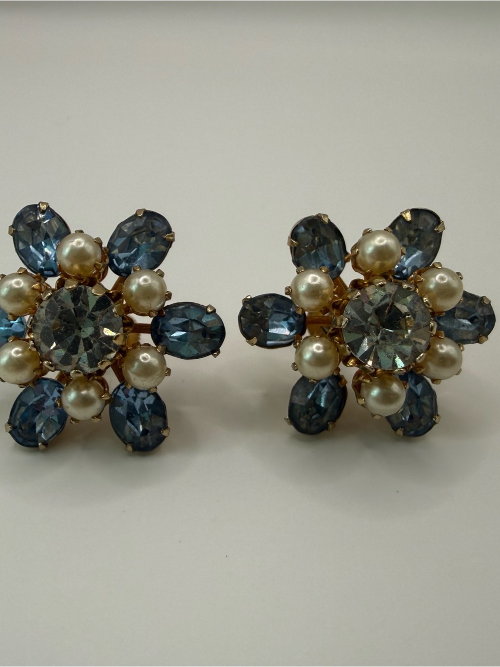 Coro Gold-Tone Blue Crystal and Pearl Flower Clip Earrings
